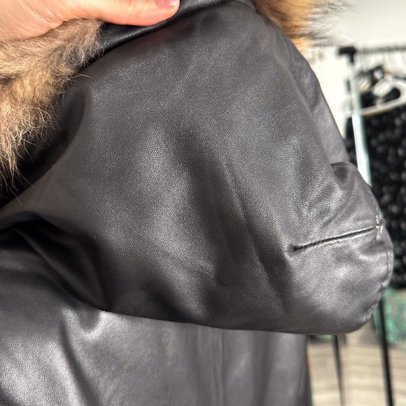 Genuine Lamb Leather Longline Coat Jacket w/ Remove-able Faux Fur Trim Hood - Picture 10 of 16